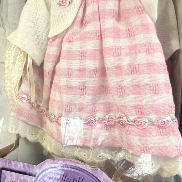 Collectible Porcelain Doll with Brown Curl Hair Pink Dress Straw Hat with Stand - Picture 5 of 13